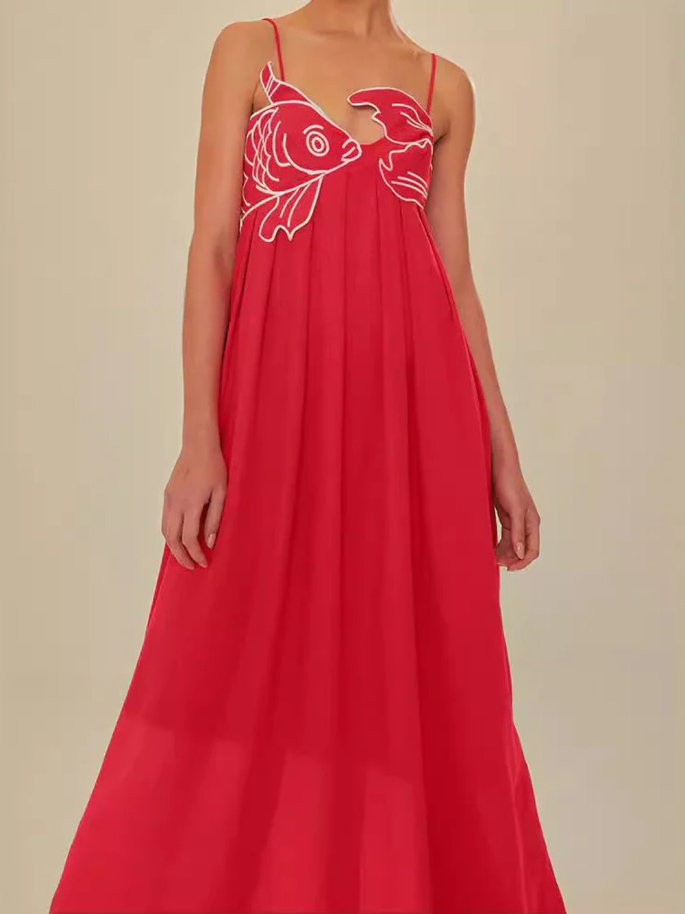 Commense Coral-Red Spaghetti-Strap Maxi Dress with White Embroidery - Picture 3 of 5